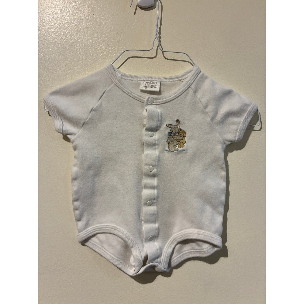 Carters Vintage White Short Sleeve Snap Front Bunny Embroidered Bodysuit 0-3M